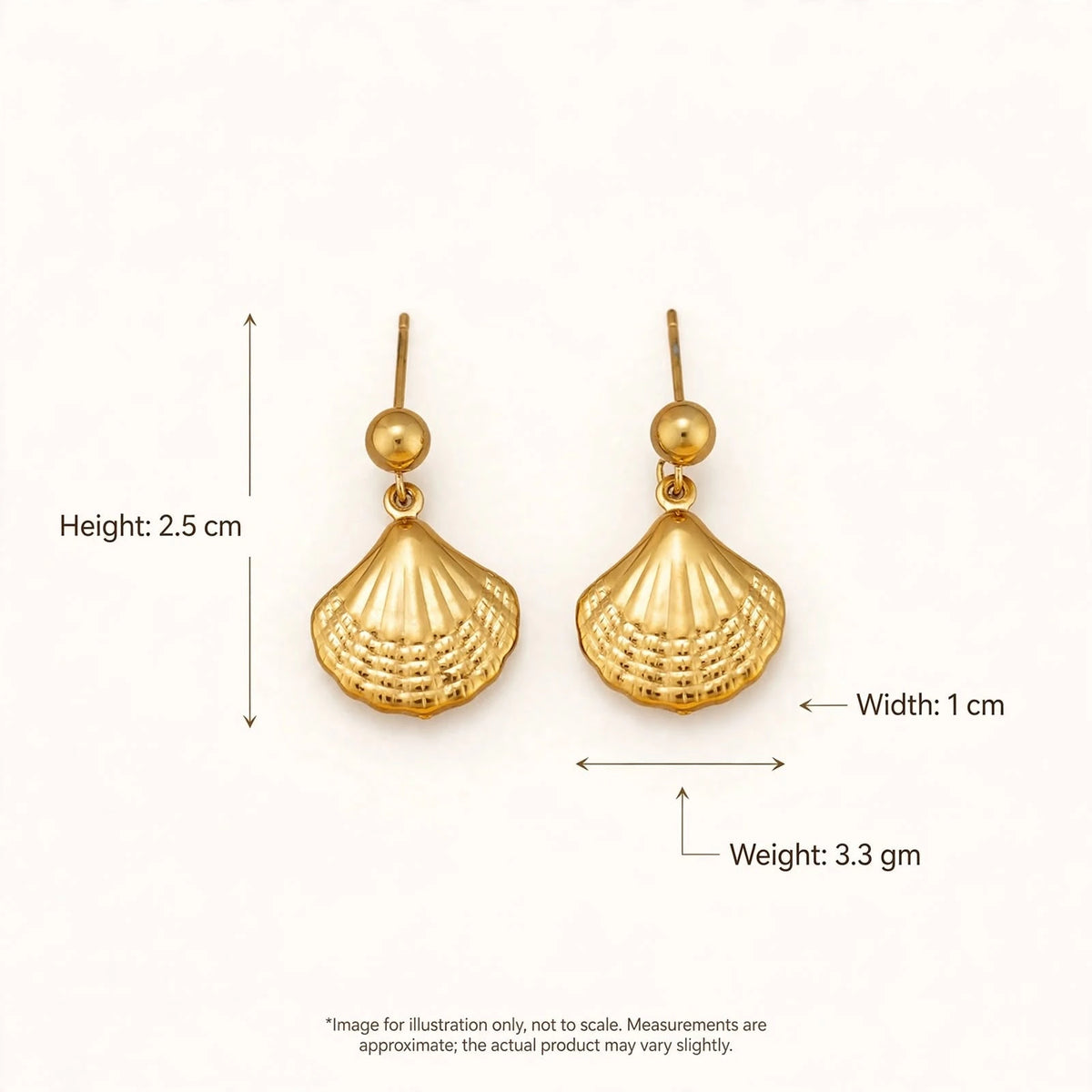 Gold shell earrings dimensions guide with height width weight callouts on off-white background.