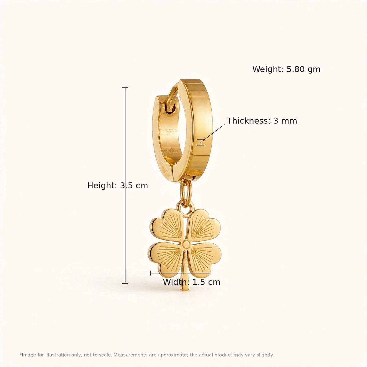 Gold clover drop earring dimensions guide with height width thickness weight