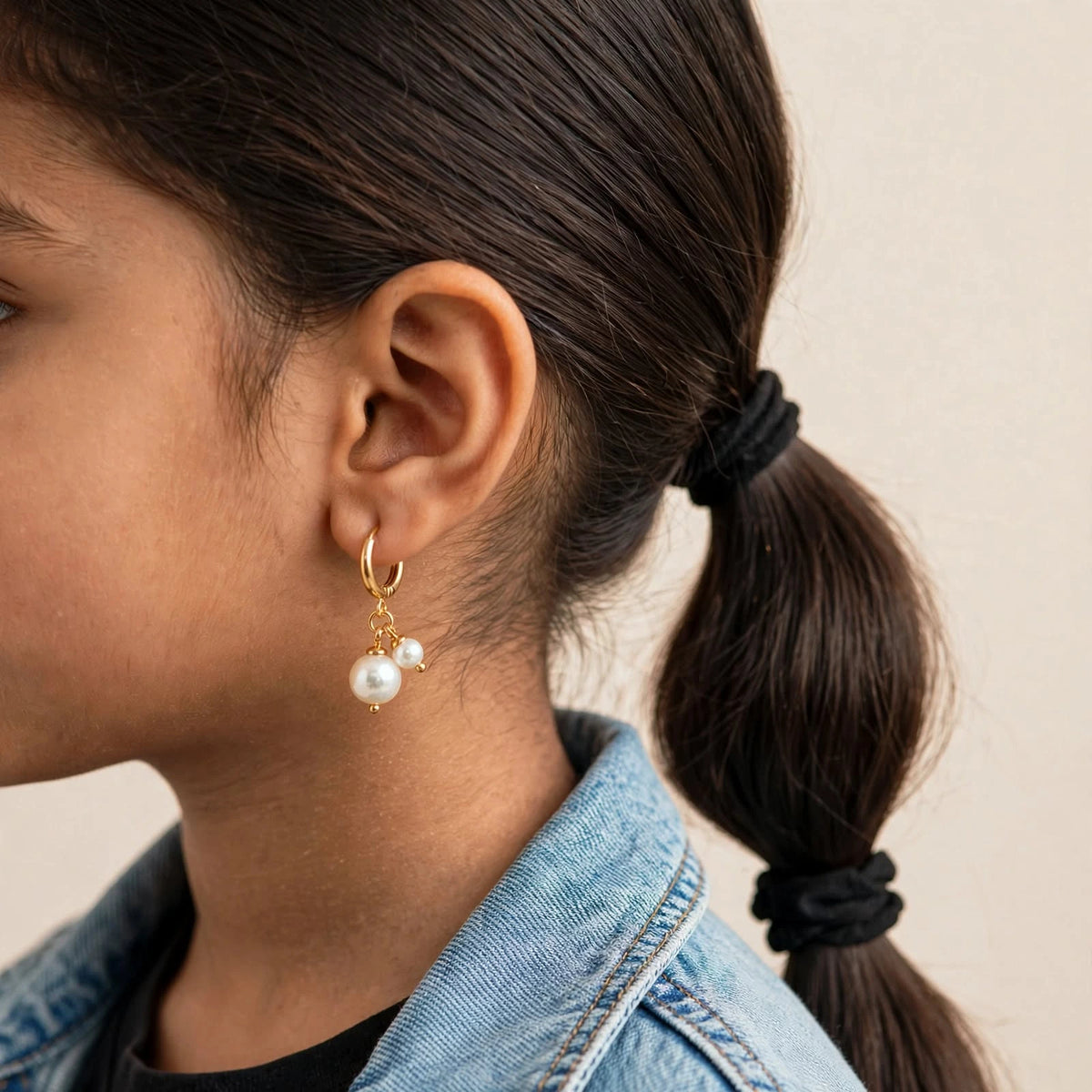 Young girl wearing gold double pearl drop hoop earrings with sage smocked top, ear close-up.