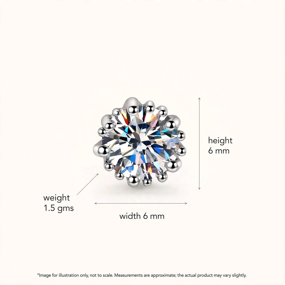 Diamond solitaire stud with height 6mm width 6mm weight 1.5 gms callouts.