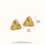 Gold triangular ribbed earrings with height 2.2cm and width 2.2cm callouts on off-white.