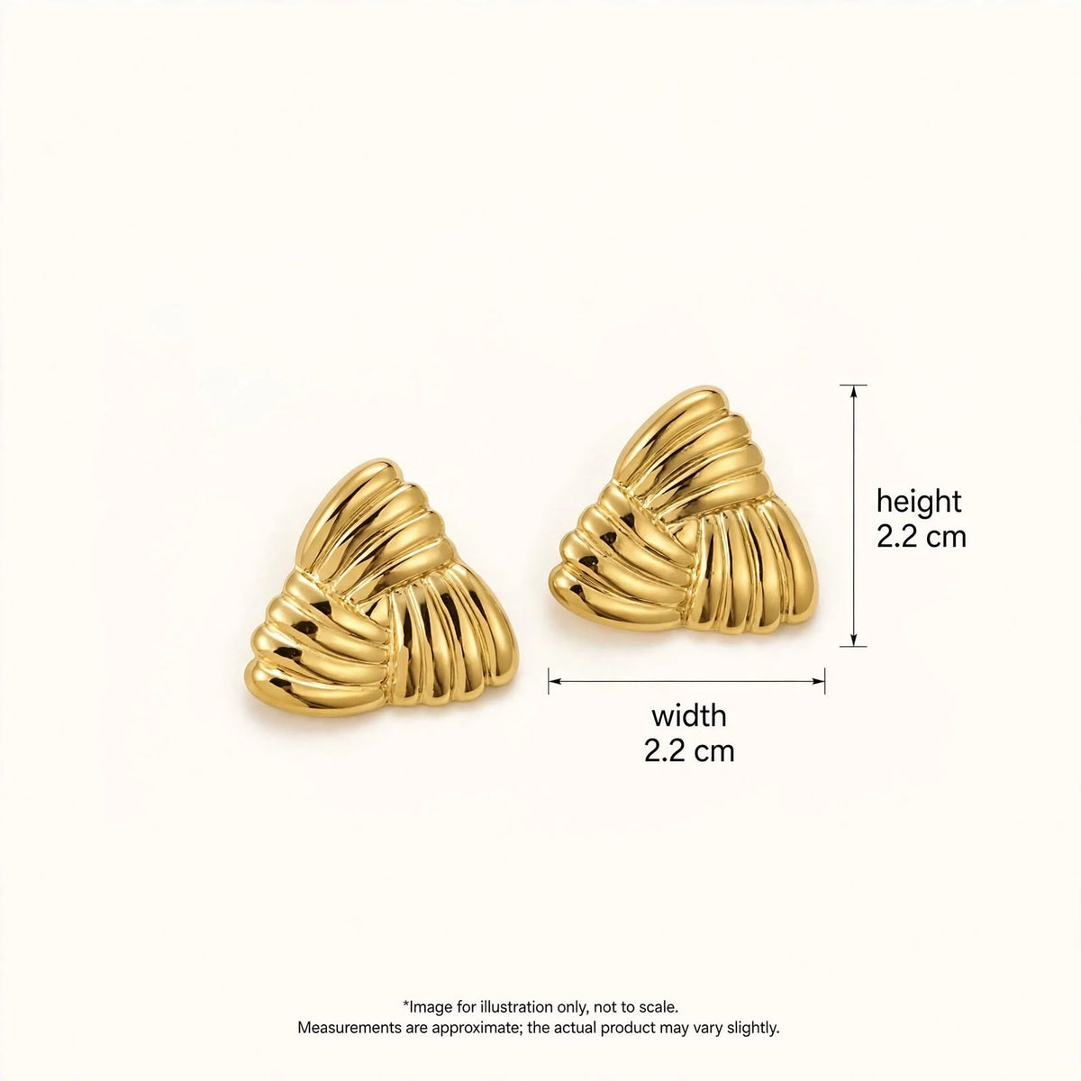 Gold triangular ribbed earrings with height 2.2cm and width 2.2cm callouts on off-white.