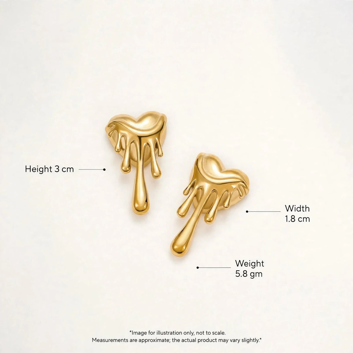 Gold melting heart drip earrings dimensions guide showing height width weight on warm-white background.