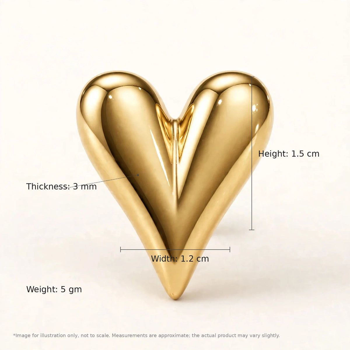 Dimensions guide infographic of gold puffed heart stud earring with measurements