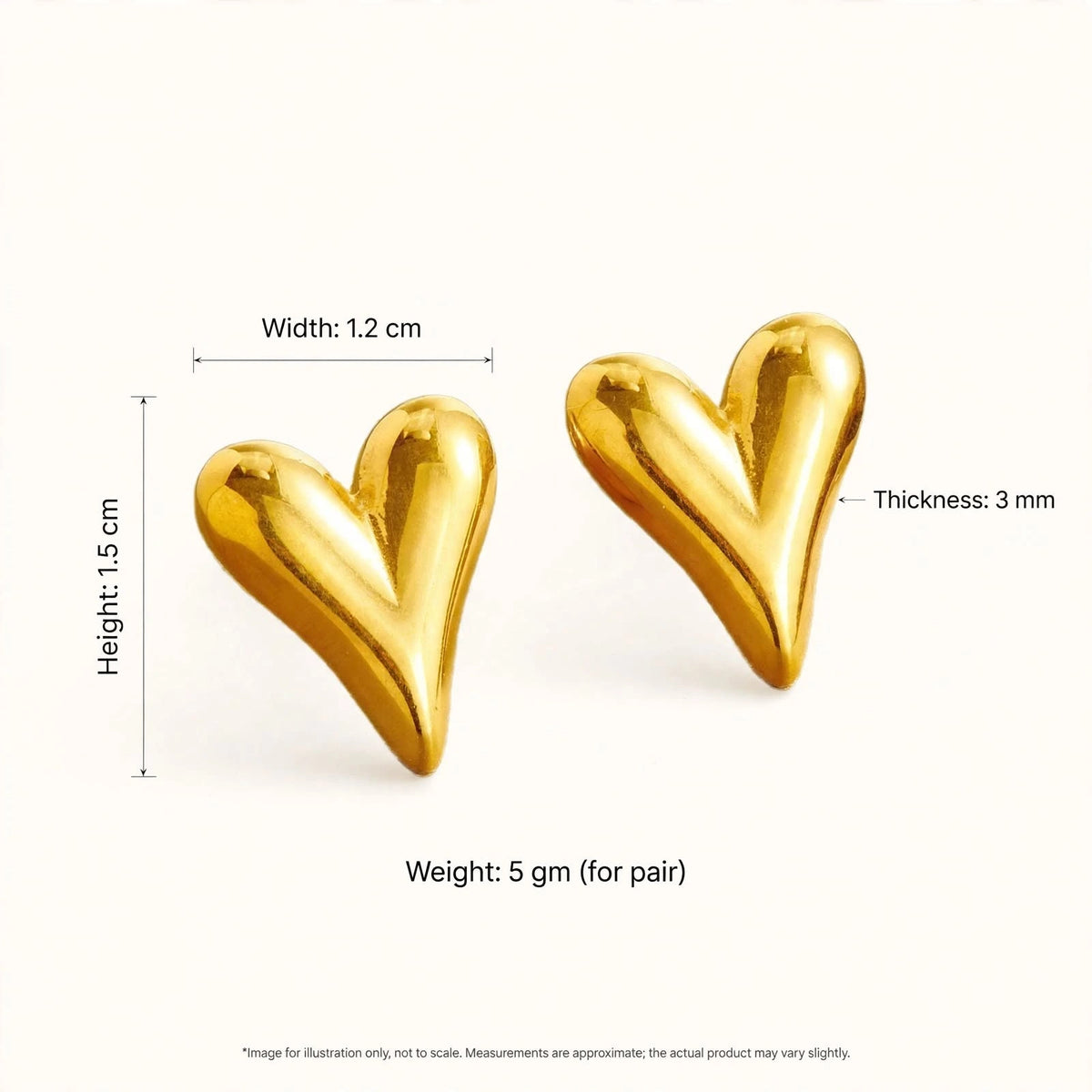 Two gold heart stud earrings dimensions guide with height width thickness weight labels.