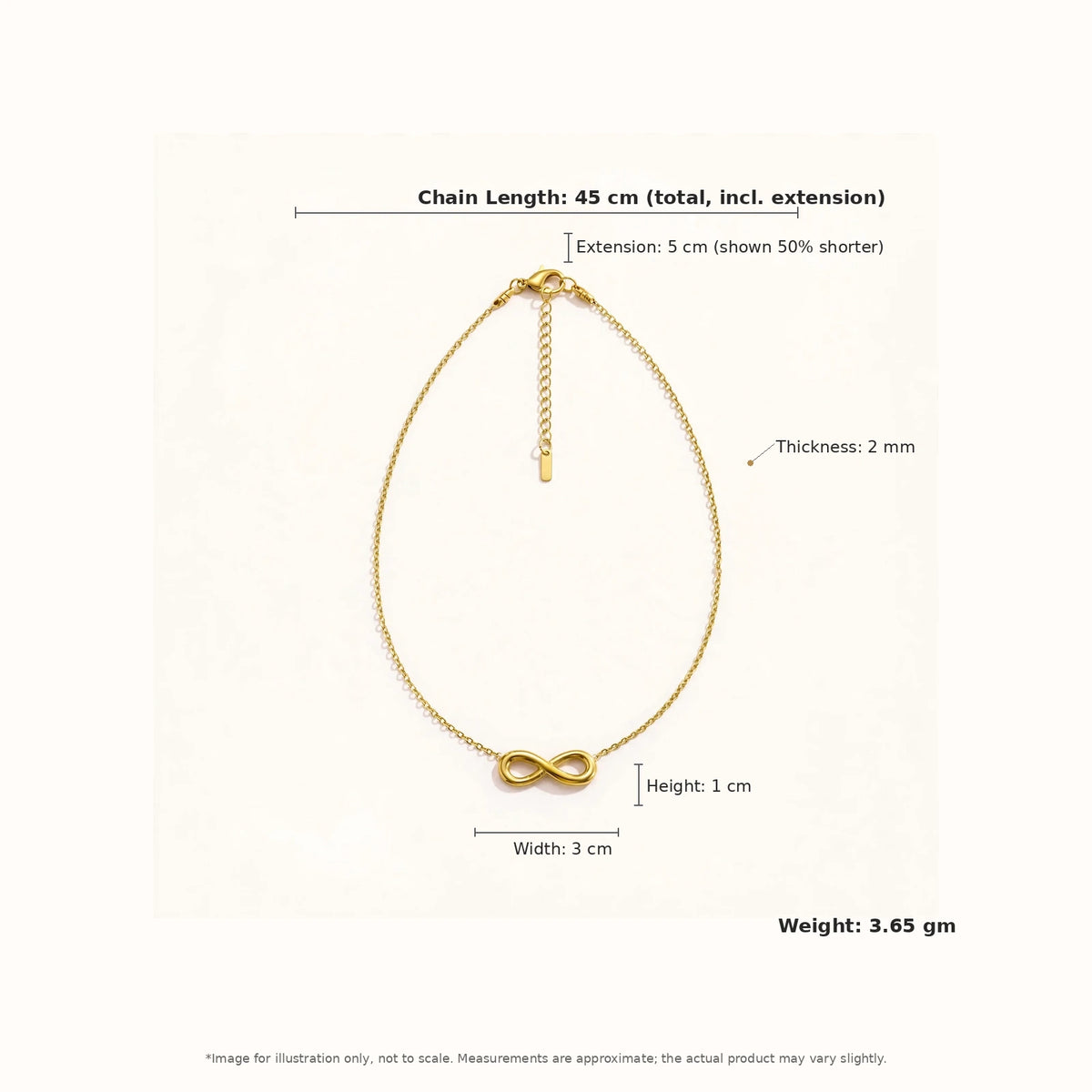 Gold infinity necklace infographic with size callouts and measurements on warm off-white
