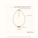 Gold infinity necklace infographic with size callouts and measurements on warm off-white