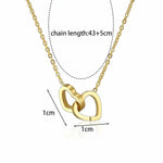 Gold double heart necklace flat lay with measurement callouts and weight label.
