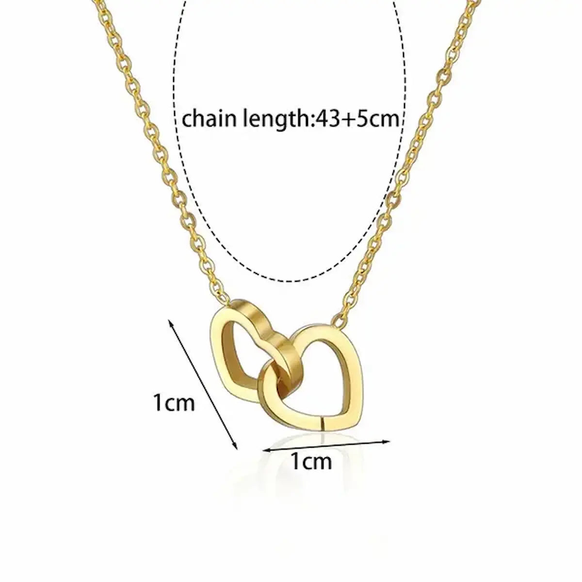 Gold double heart necklace flat lay with measurement callouts and weight label.