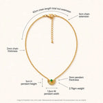 Dimensions guide for gold fan necklace showing chain and pendant measurements