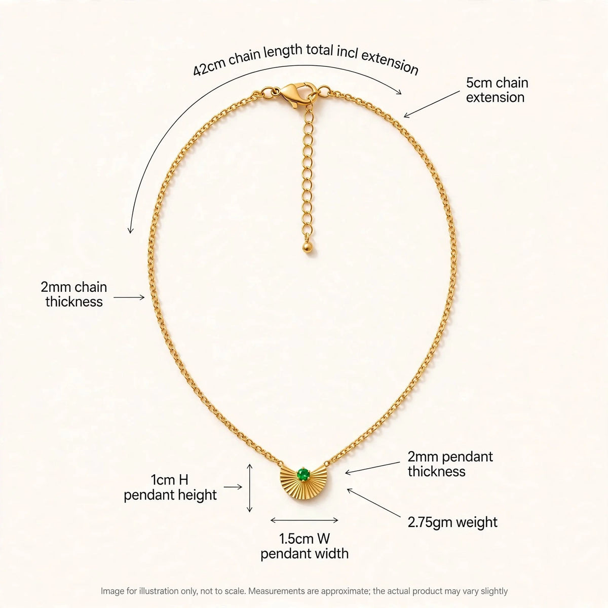 Dimensions guide for gold fan necklace showing chain and pendant measurements