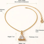 Dimensions guide infographic showing triangular crystal pendant necklace with callouts for sizes