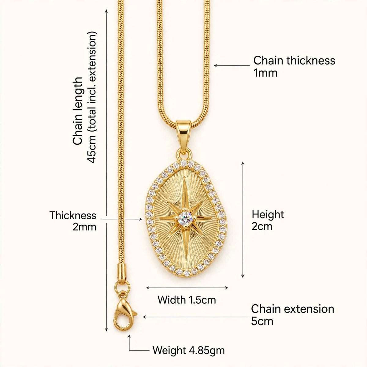 Size infographic of sunburst pendant necklace with chain and pendant measurements labeled