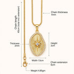 Size infographic of sunburst pendant necklace with chain and pendant measurements labeled