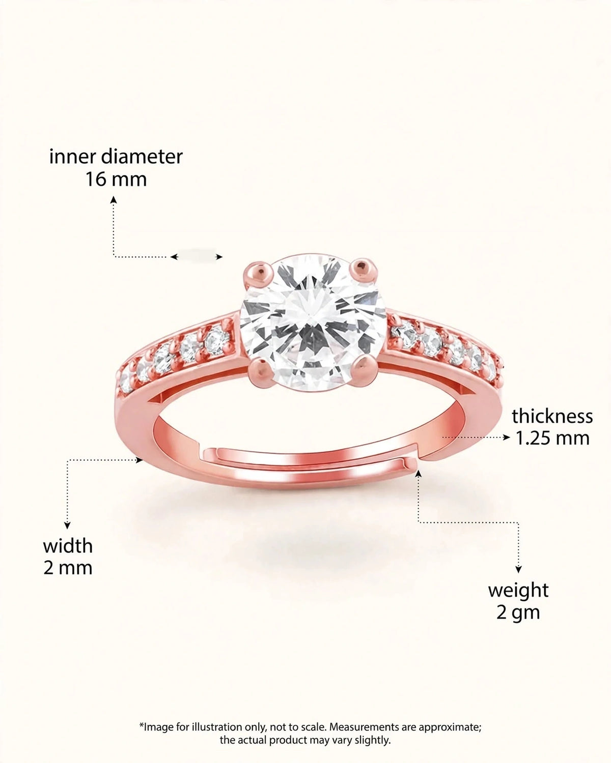 Dimensions guide showing rose gold solitaire ring with measurement callouts