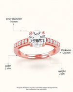 Dimensions guide showing rose gold solitaire ring with measurement callouts