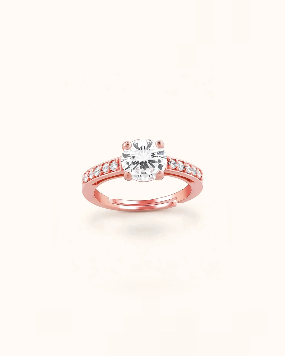 Rose gold adjustable open-gap solitaire ring with round CZ center and pave shoulders floating