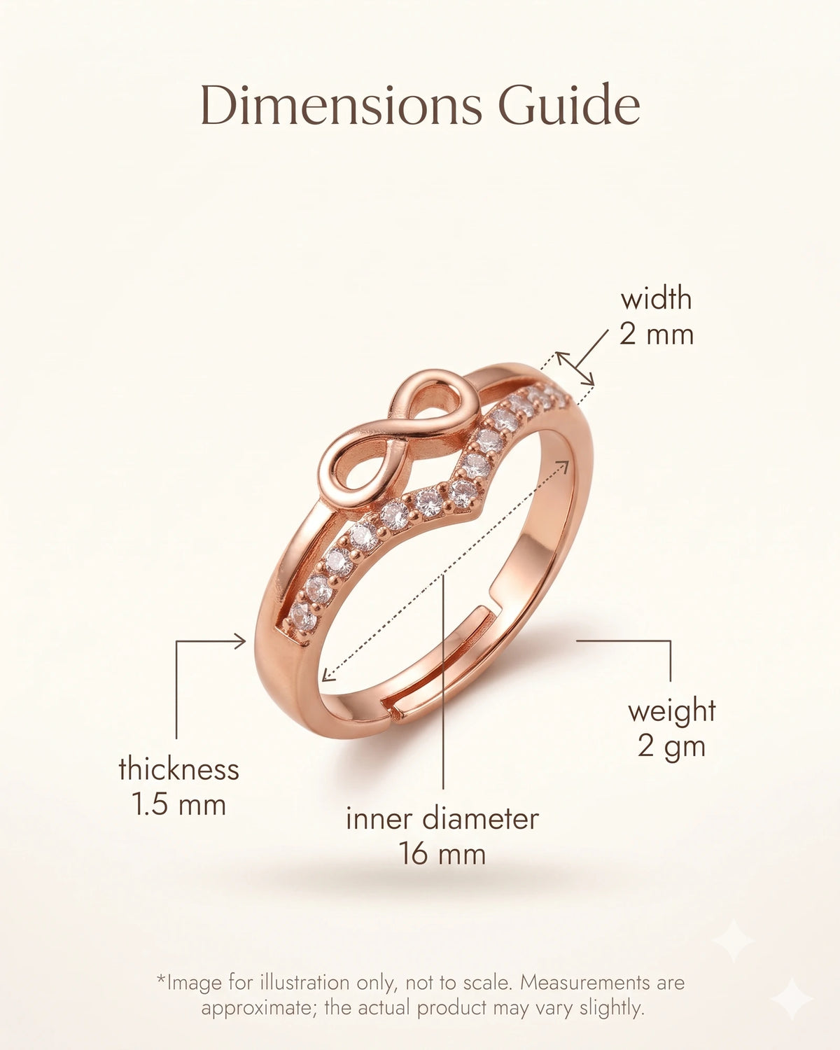 Rose gold infinity ring dimensions guide with measurements and callouts on an off-white background.