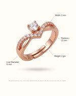 Rose gold V-ring dimensions infographic showing width thickness diameter weight callouts