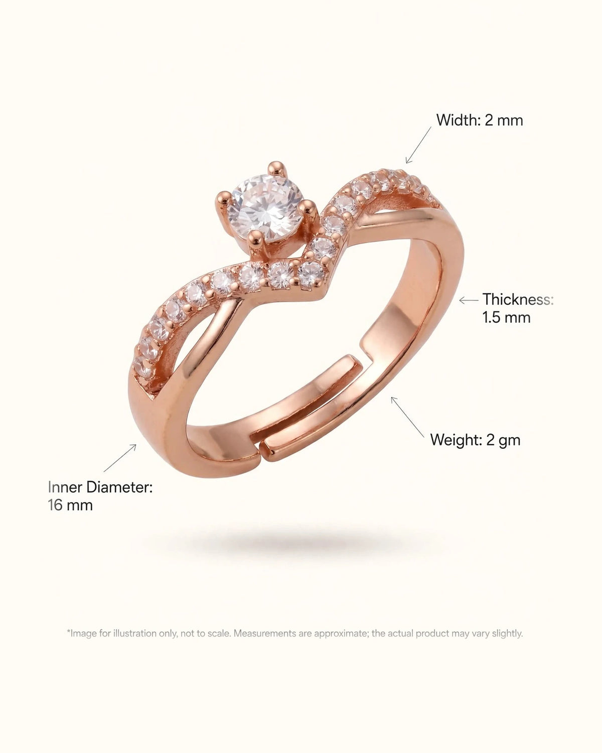 Rose gold V-ring dimensions infographic showing width thickness diameter weight callouts