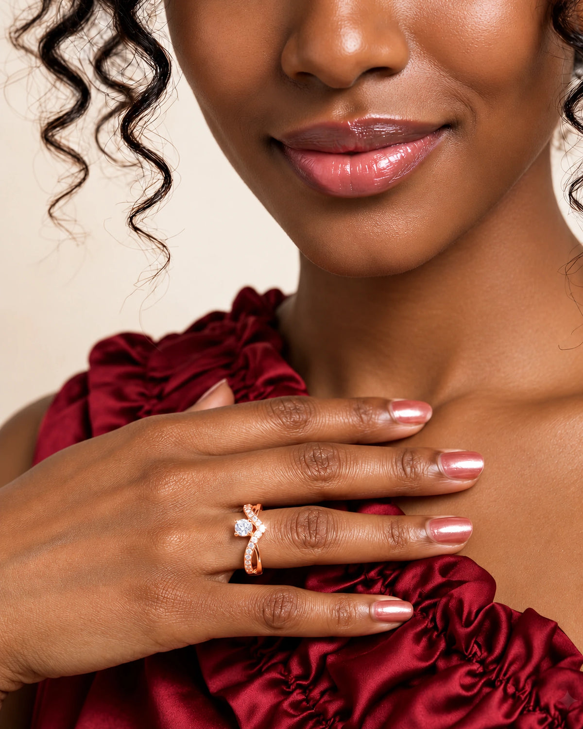 Deep brown skin woman in red ruched satin top showing rose gold V-ring on chest
