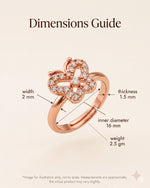 Rose gold butterfly ring dimensions guide with a single arrow indicating thickness on an off-white background.