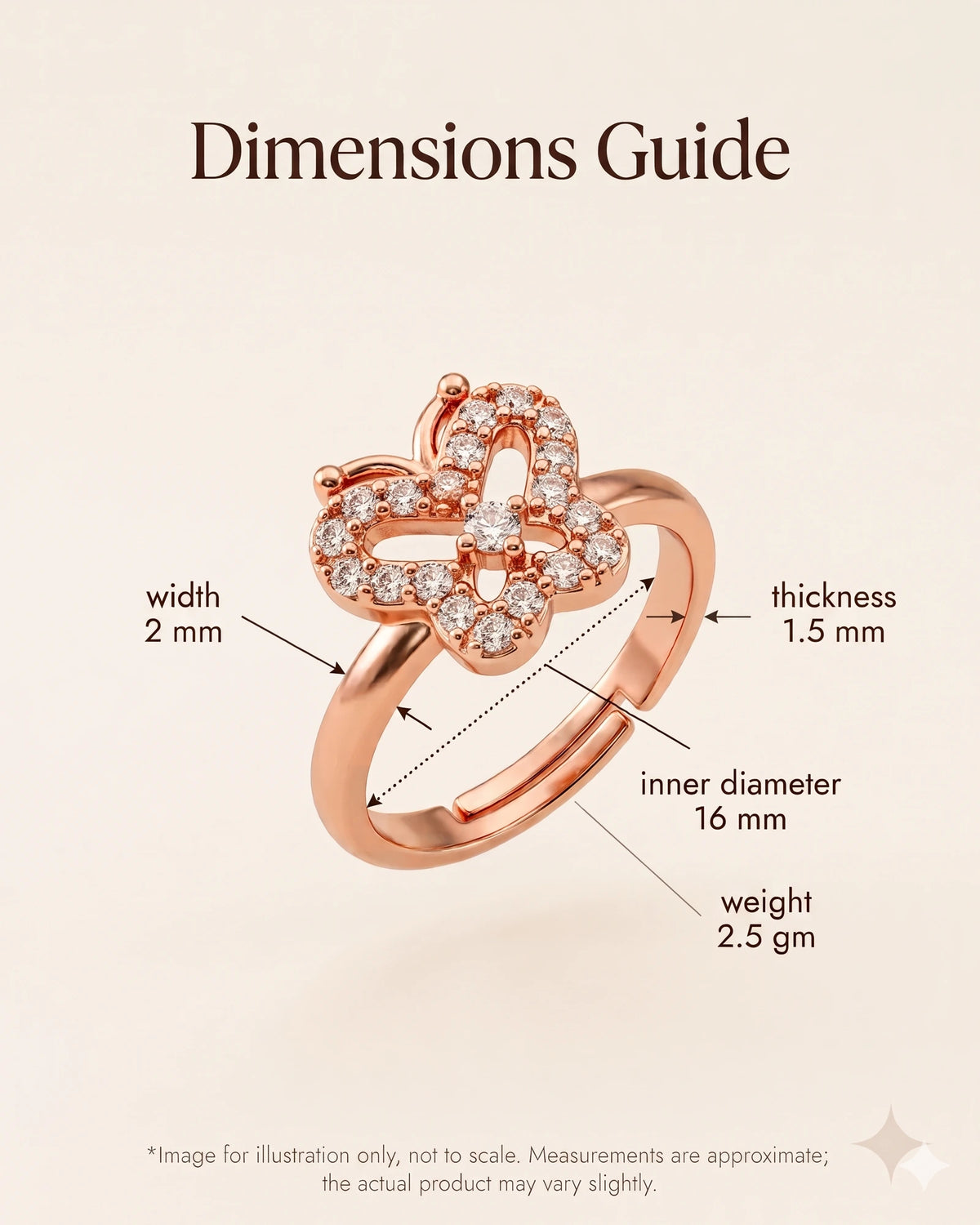 Rose gold butterfly ring dimensions guide with a single arrow indicating thickness on an off-white background.