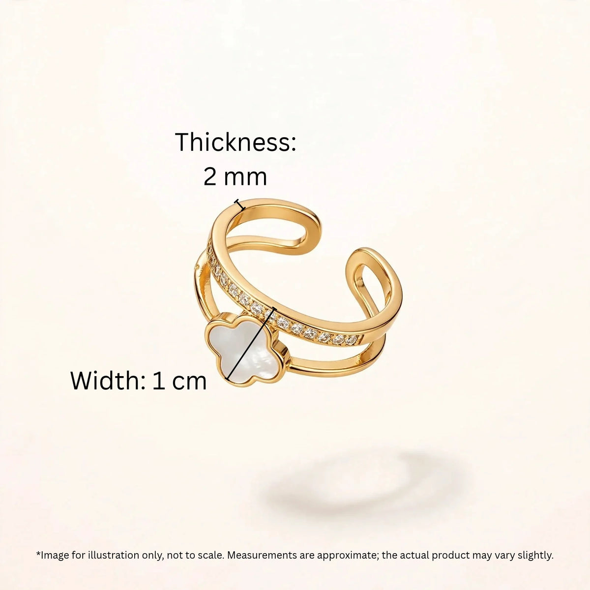 Large white clover ring with clover width and single crystal thickness callouts