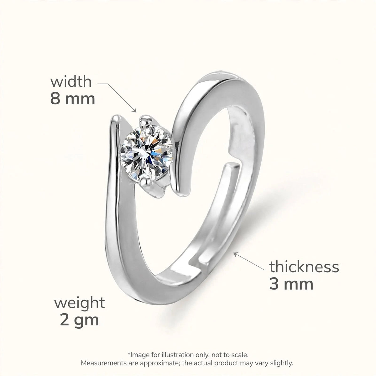 Silver open bypass solitaire ring with width 8mm thickness 3mm weight 2gm callouts.