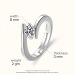 Silver open bypass solitaire ring with width 8mm thickness 3mm weight 2gm callouts.