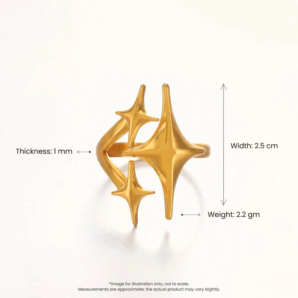 Gold triple star ring dimensions guide with vertical width callout on front