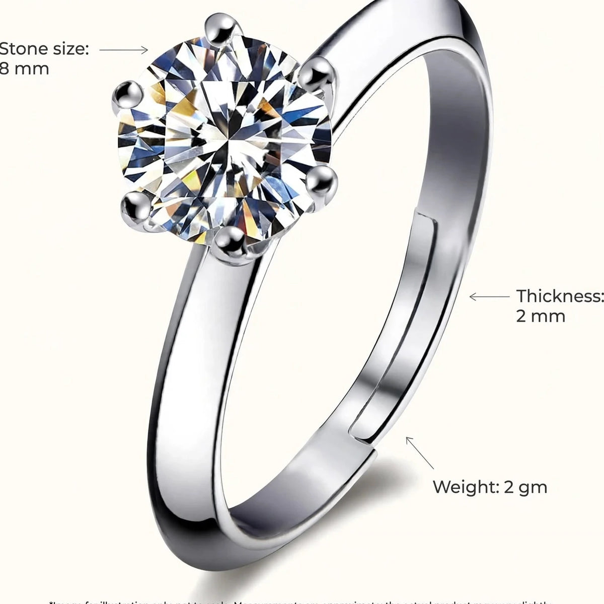 Dimensions guide infographic showing solitaire adjustable ring with stone size 8mm thickness 2mm weight 2gm