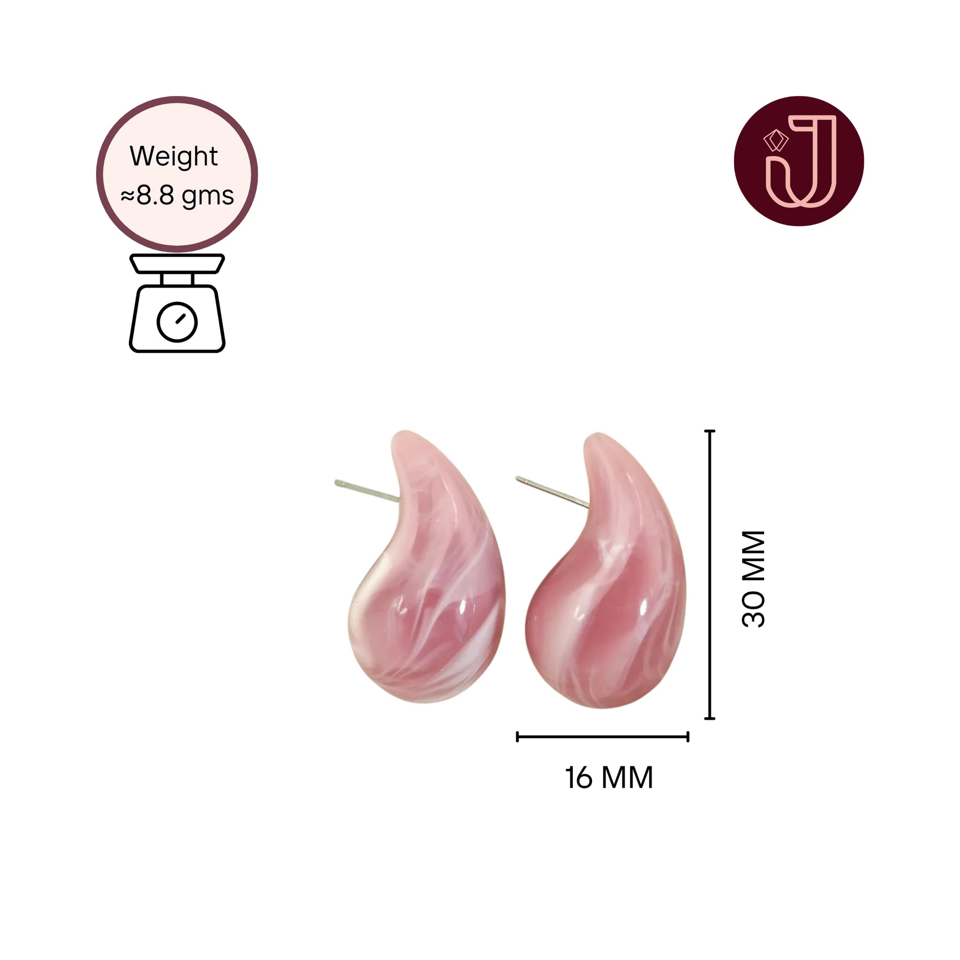 Light Coral Teardrop Earrings with dimensions and weight details.