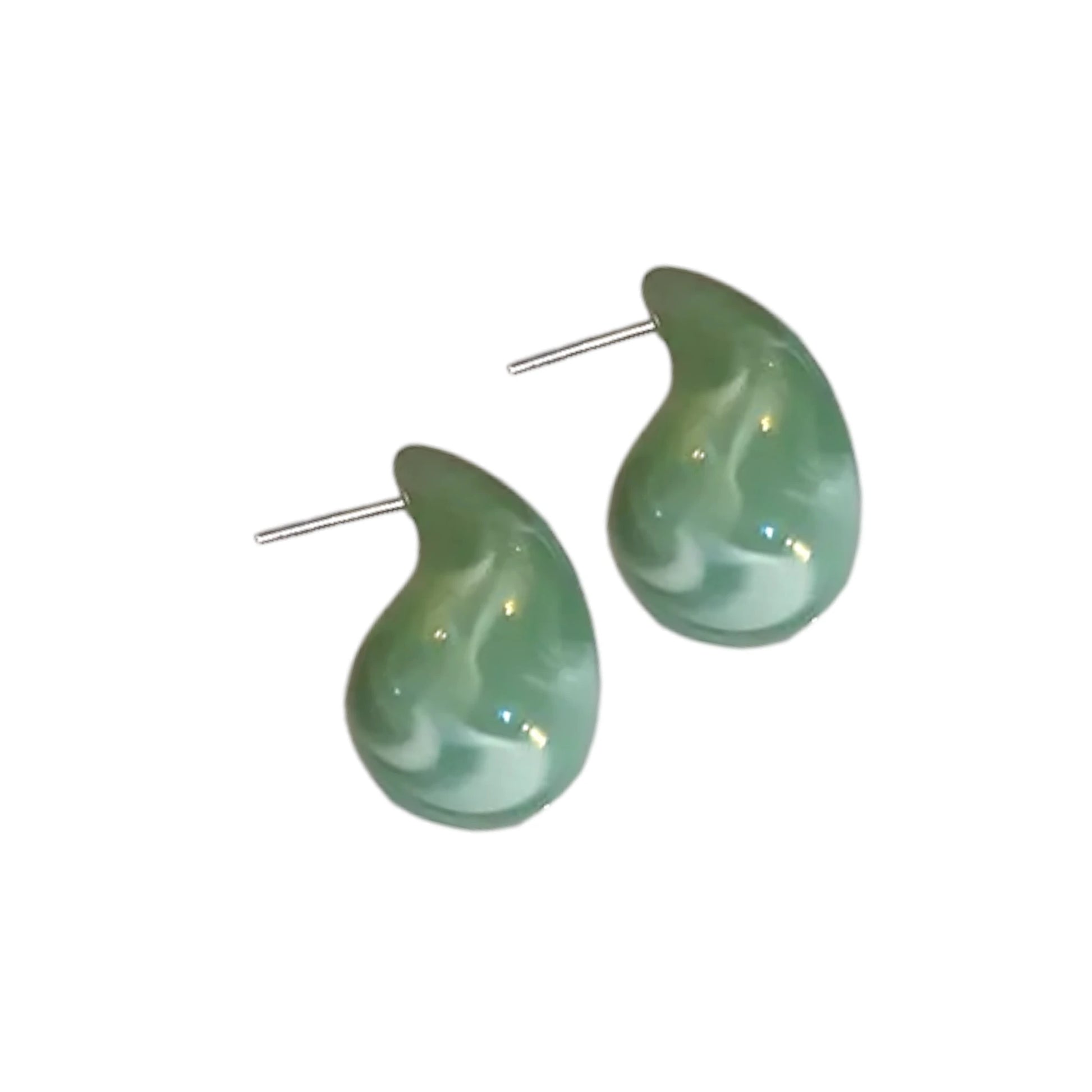 Marble Green Teardrop Earrings displayed on a White Background.