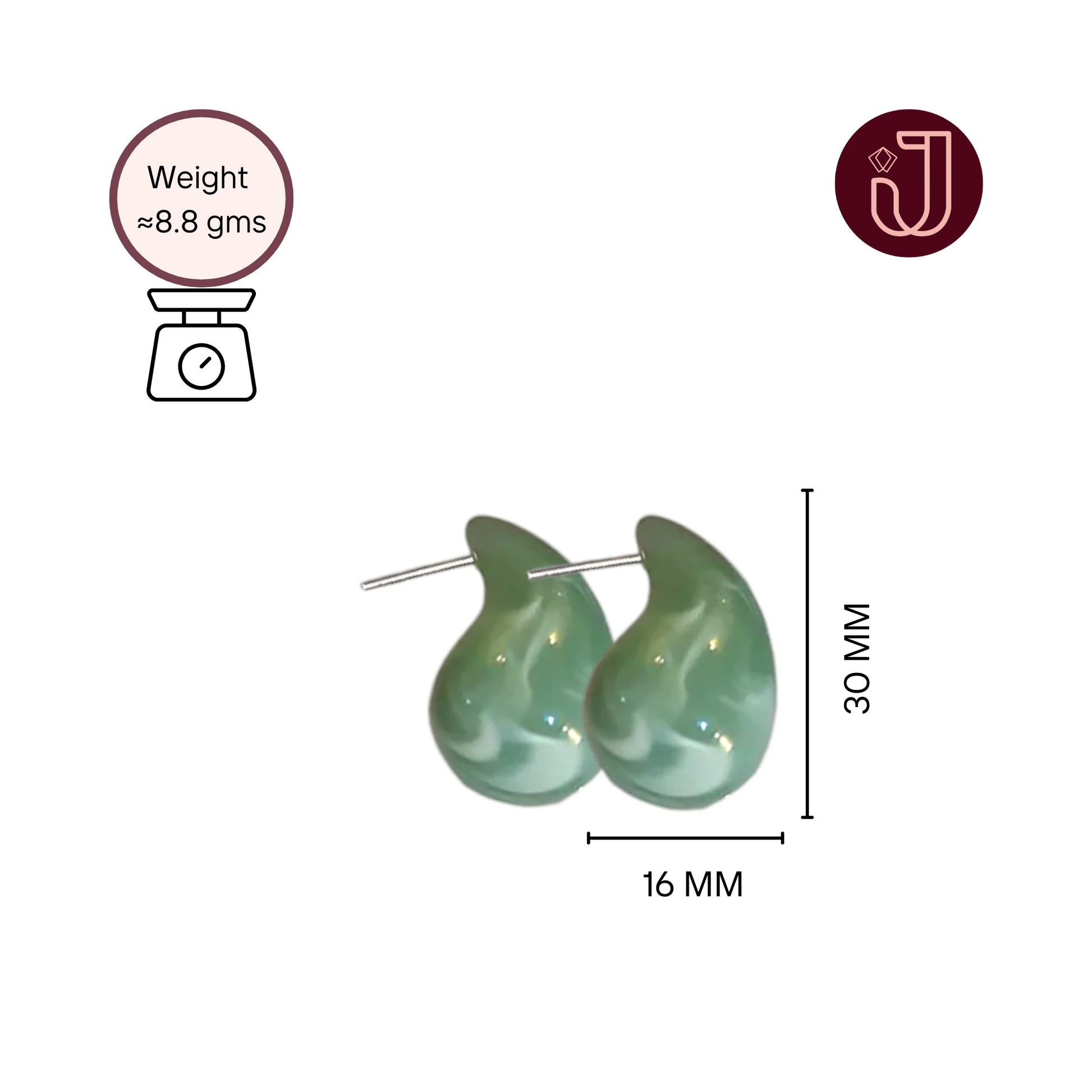 Marble Green Teardrop Earrings with dimensions and weight details.