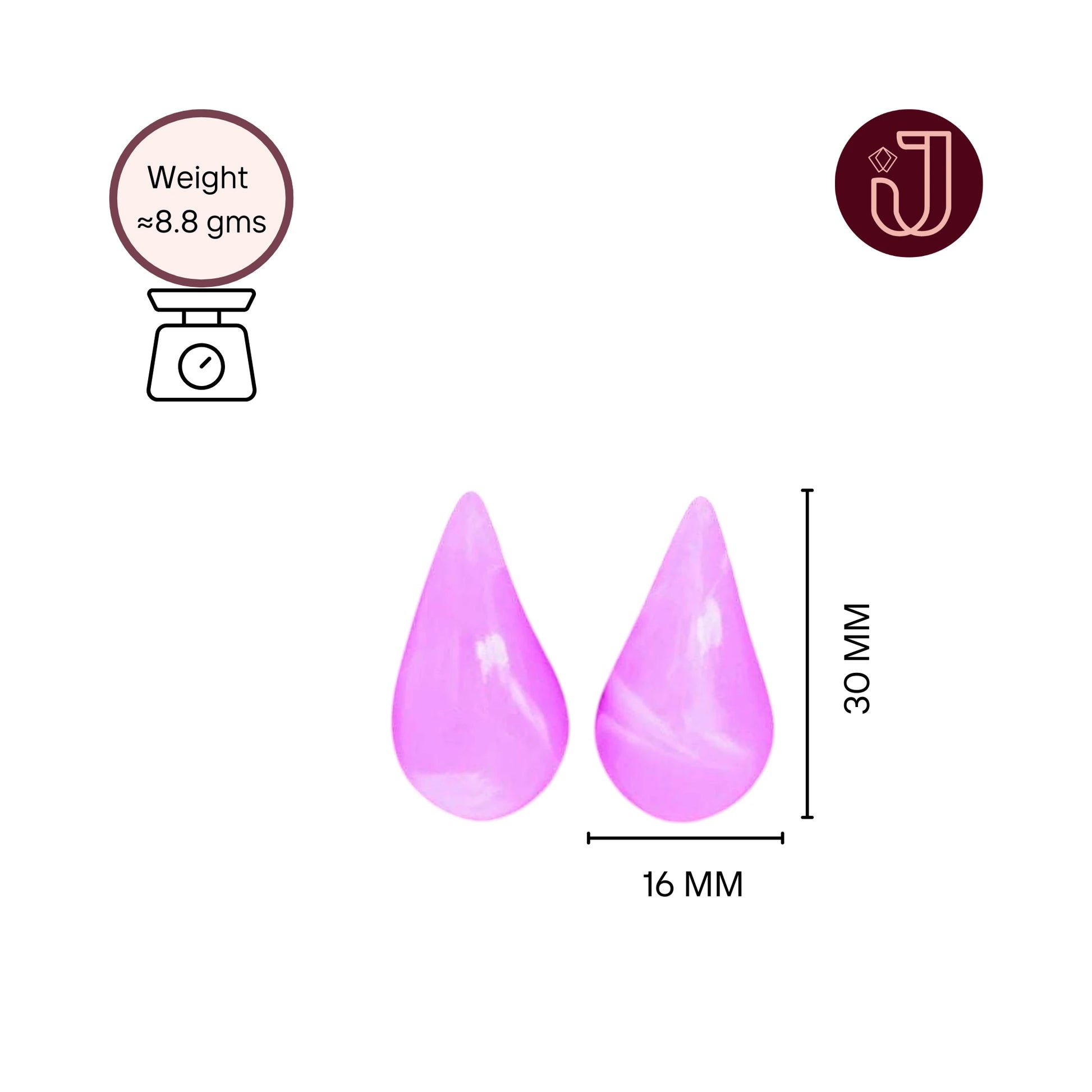Orchid Teardrop Earrings with dimensions and weight details.