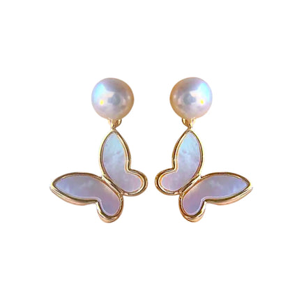 Pearl Butterfly Drop Earrings displayed on a White Background.