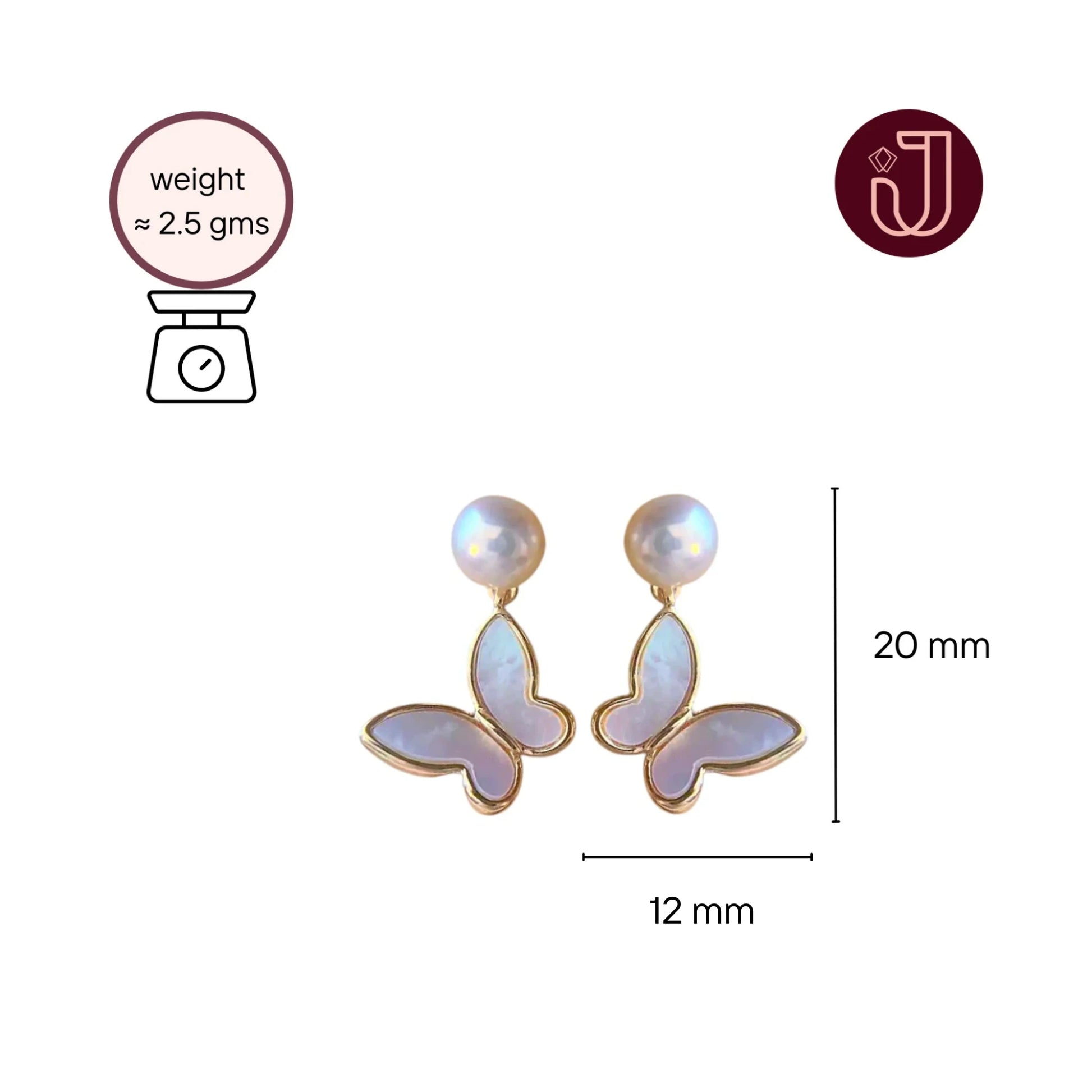 Pearl Butterfly Drop Earrings with dimensions and weight details.