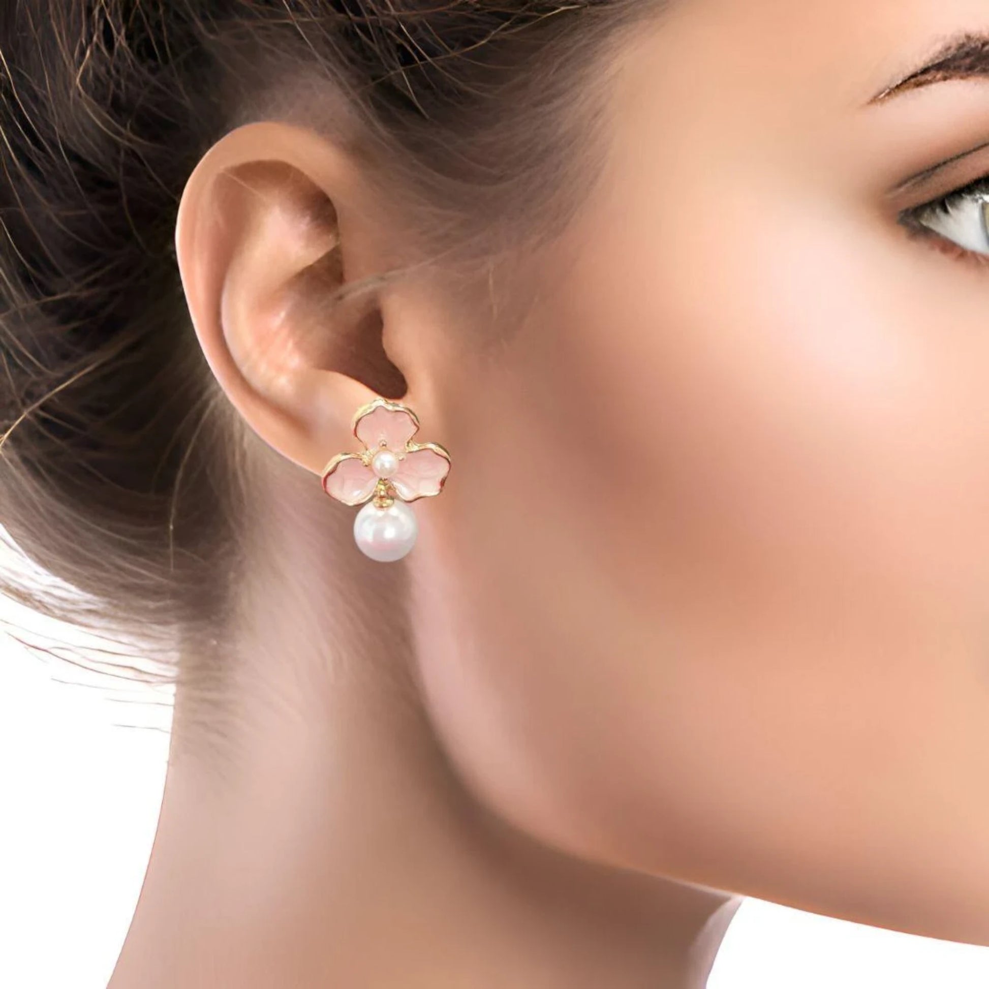 Pearl Flower Pearl Drop Earrings worn by a model.