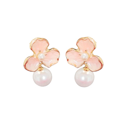 Pearl Flower Pearl Drop Earrings displayed on a White Background.