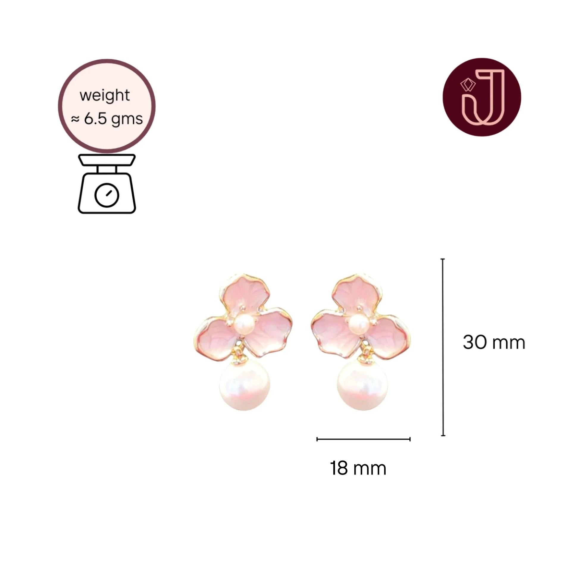 Pearl Flower Pearl Drop Earrings with dimensions and weight details.