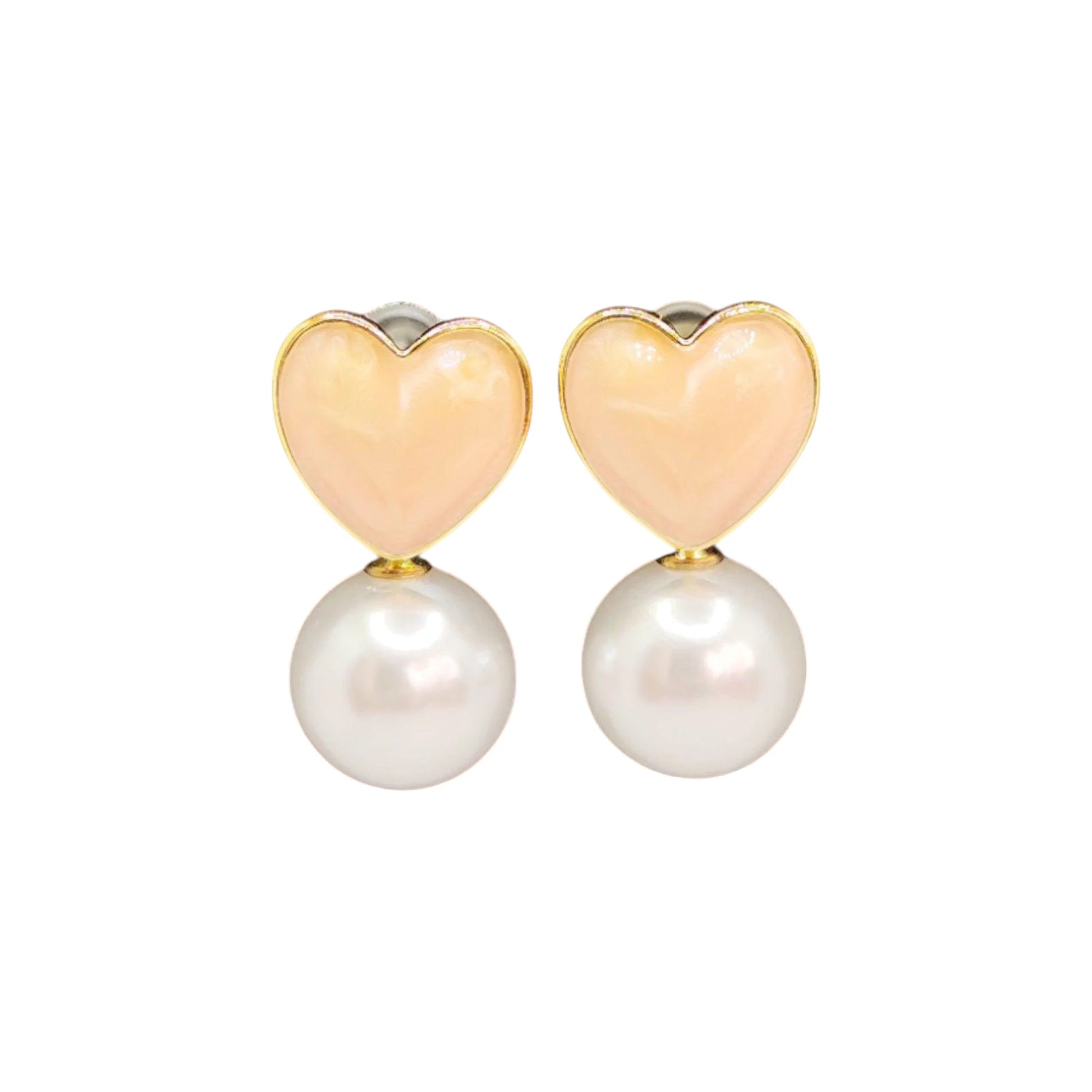 Pink Heart Pearl Drop Earrings displayed on a White Background.