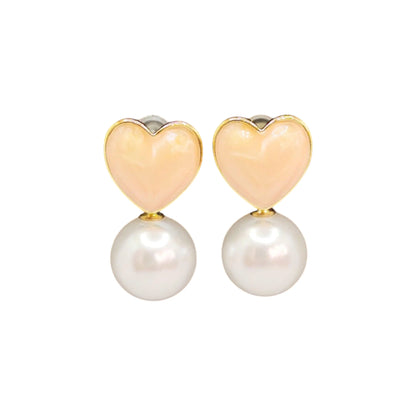 Pink Heart Pearl Drop Earrings displayed on a White Background.
