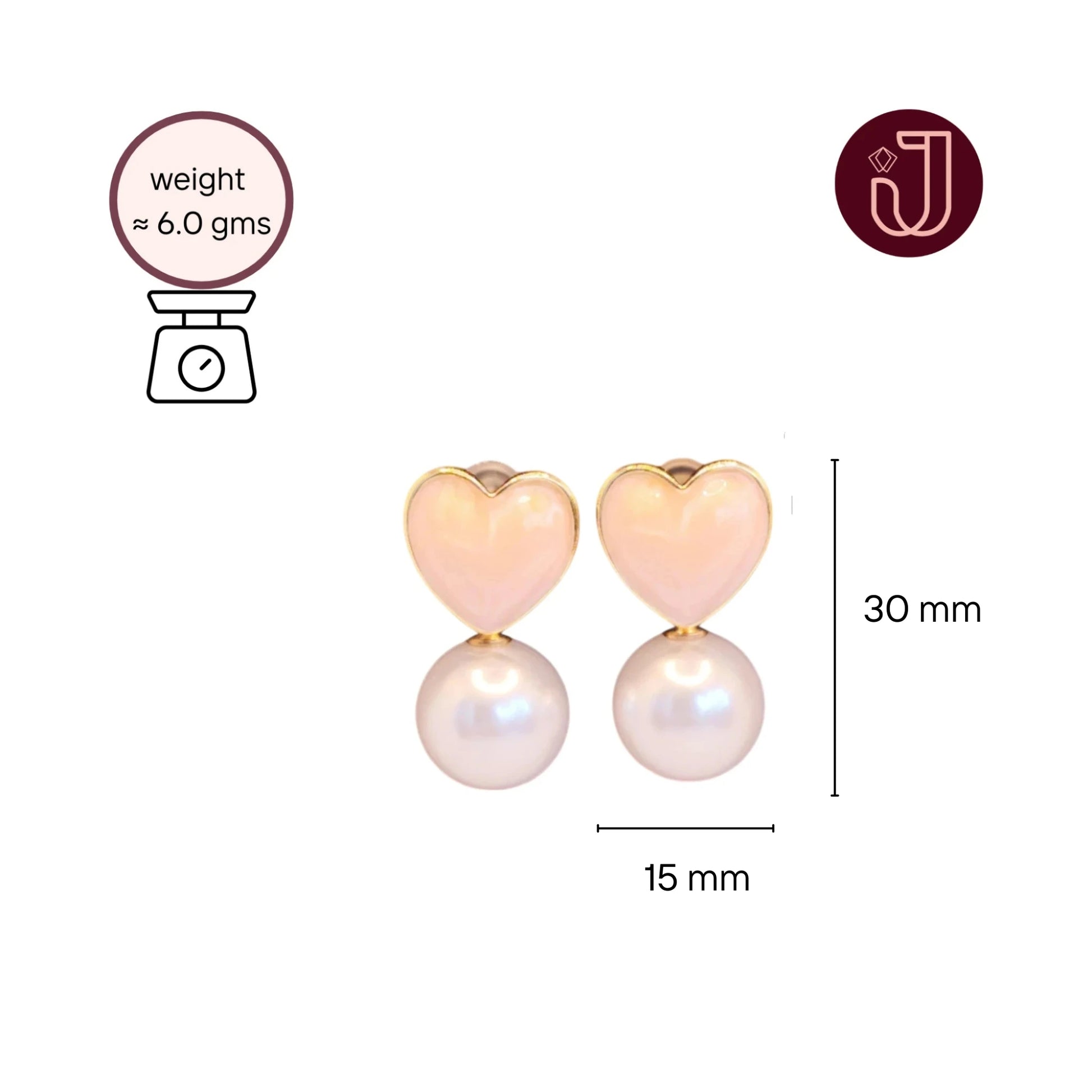 Peach Heart Pearl Drop Earrings with dimensions and weight details.