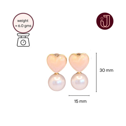Peach Heart Pearl Drop Earrings with dimensions and weight details.