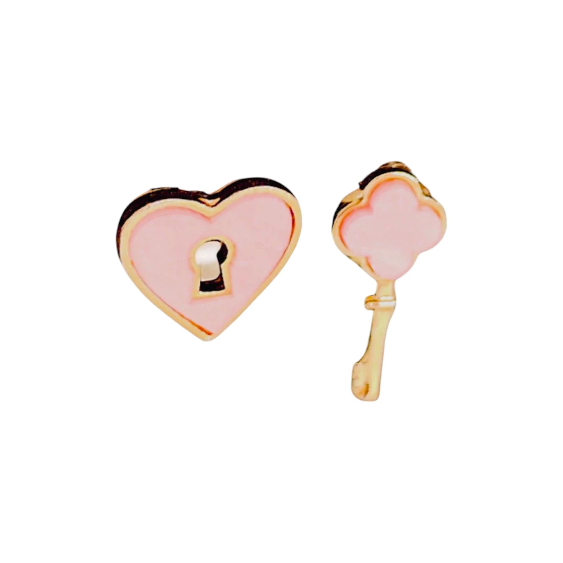 Pink Heart Lock and Key Studs displayed on a White Background.