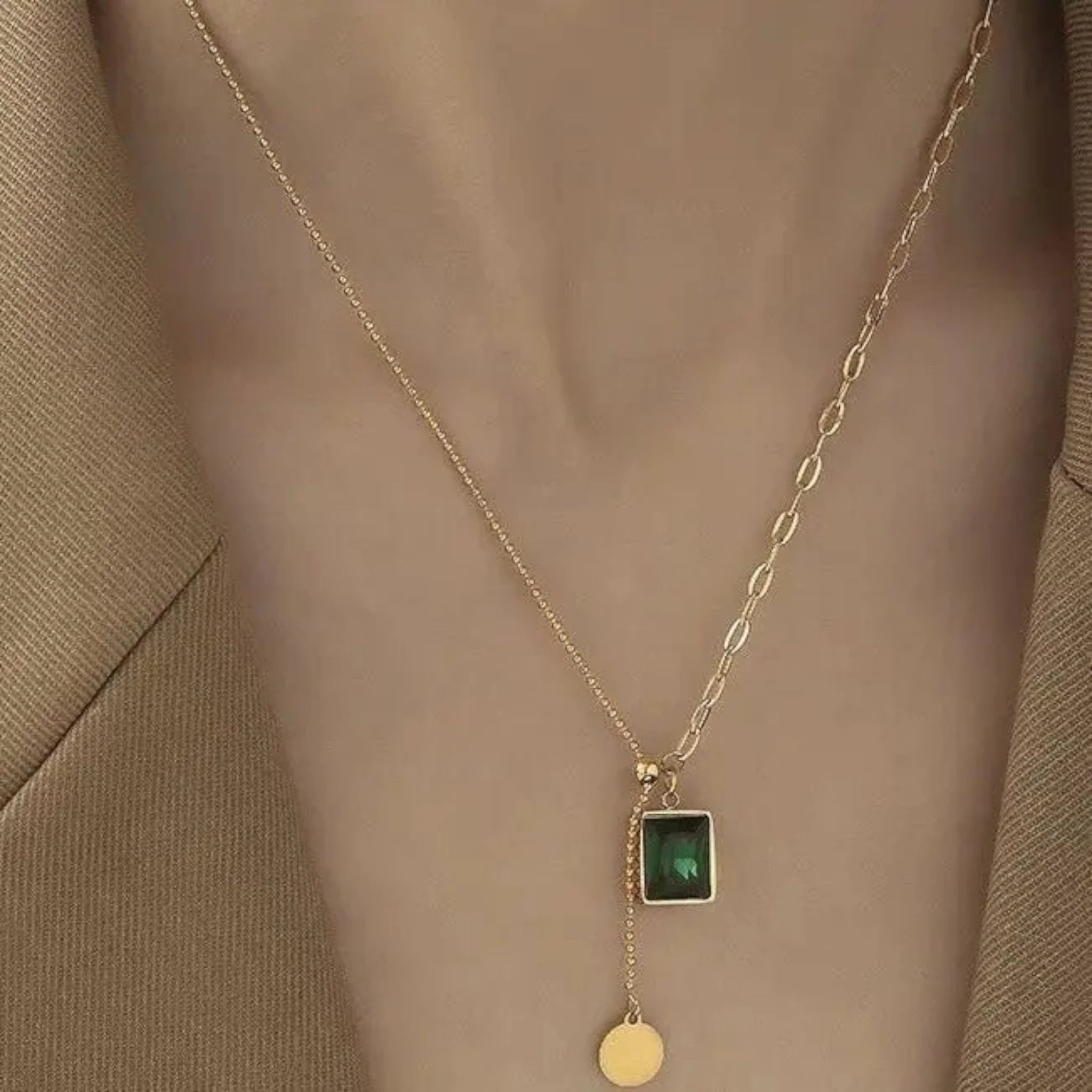 Rectangle Emerald Stone Necklace