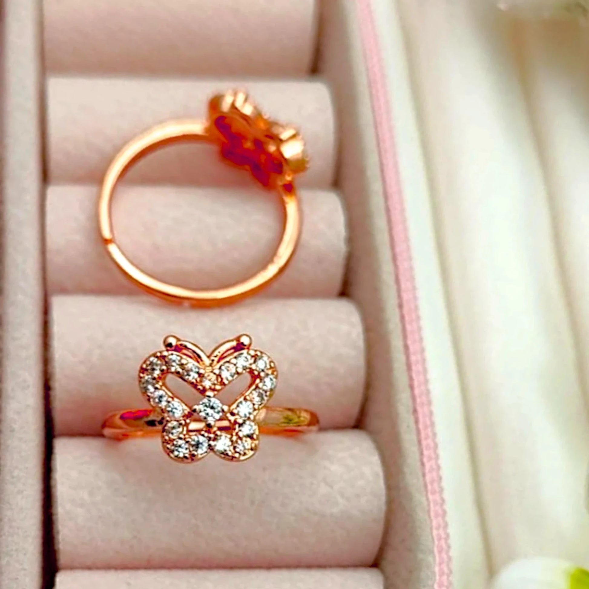 Two rings displayed in a velvet jewelry box.