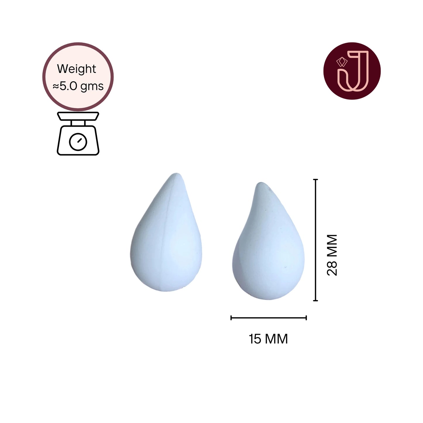 Snow White Teardrop Earrings with dimensions and weight details.