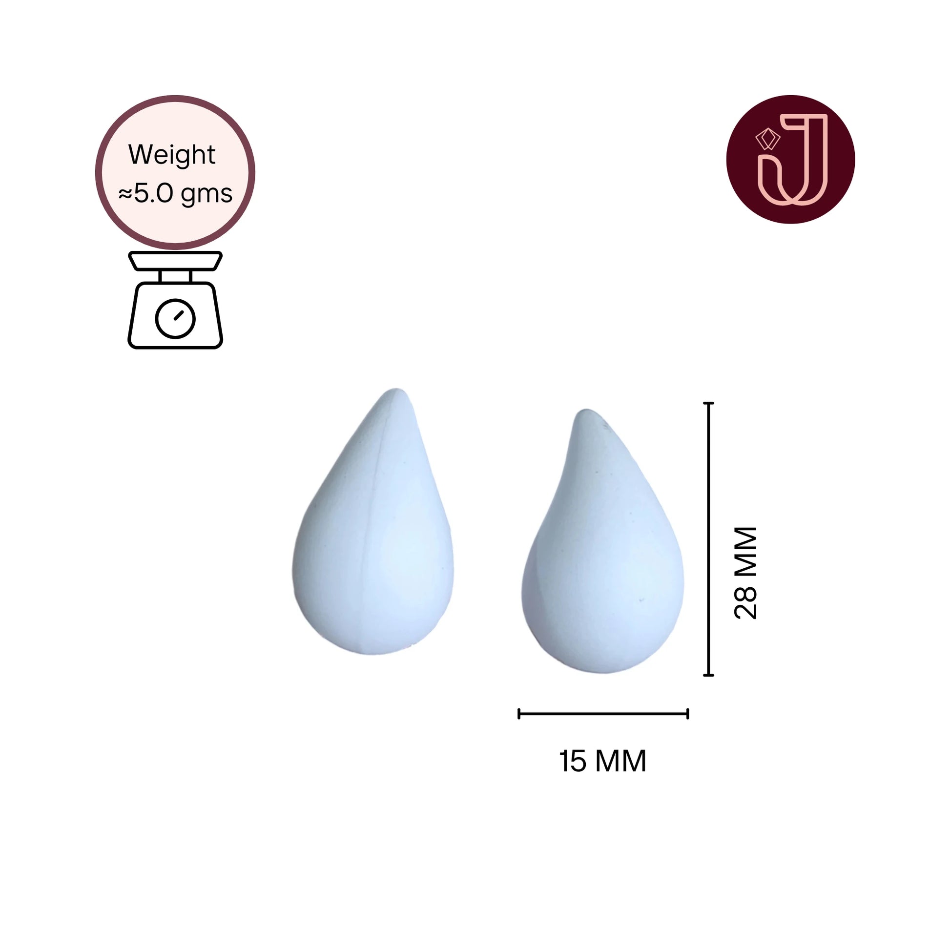 Snow White Teardrop Earrings with dimensions and weight details.